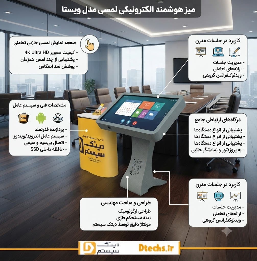 میز هوشمند الکترونیکی لمسی مدل ویستا در اتاق جلسات سازمانی
